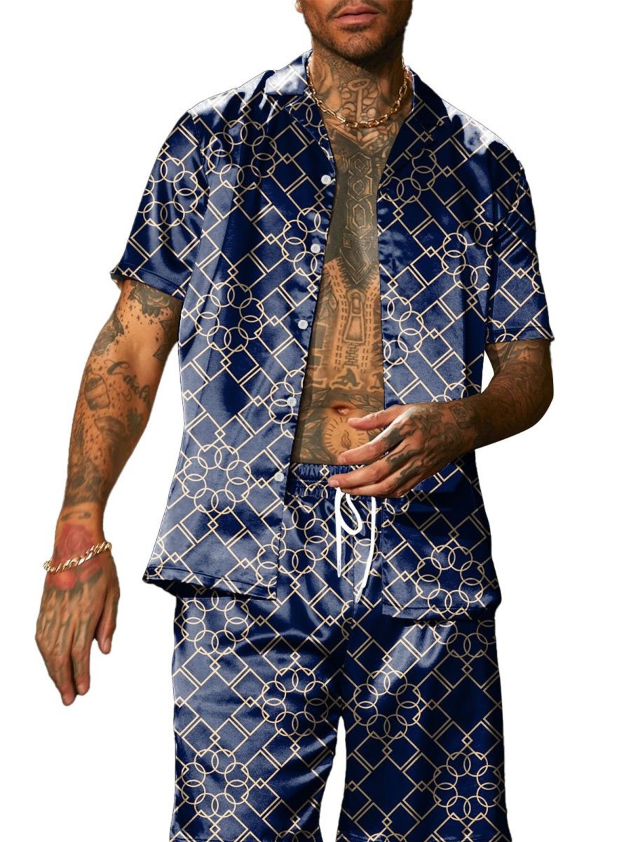 Men BXL Set | Men'S Geometric Print Resort Short Sleeve Shirt Shorts Two Piece Set Navy Blue