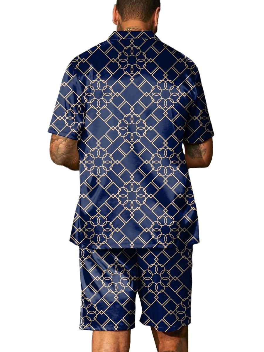 Men BXL Set | Men'S Geometric Print Resort Short Sleeve Shirt Shorts Two Piece Set Navy Blue