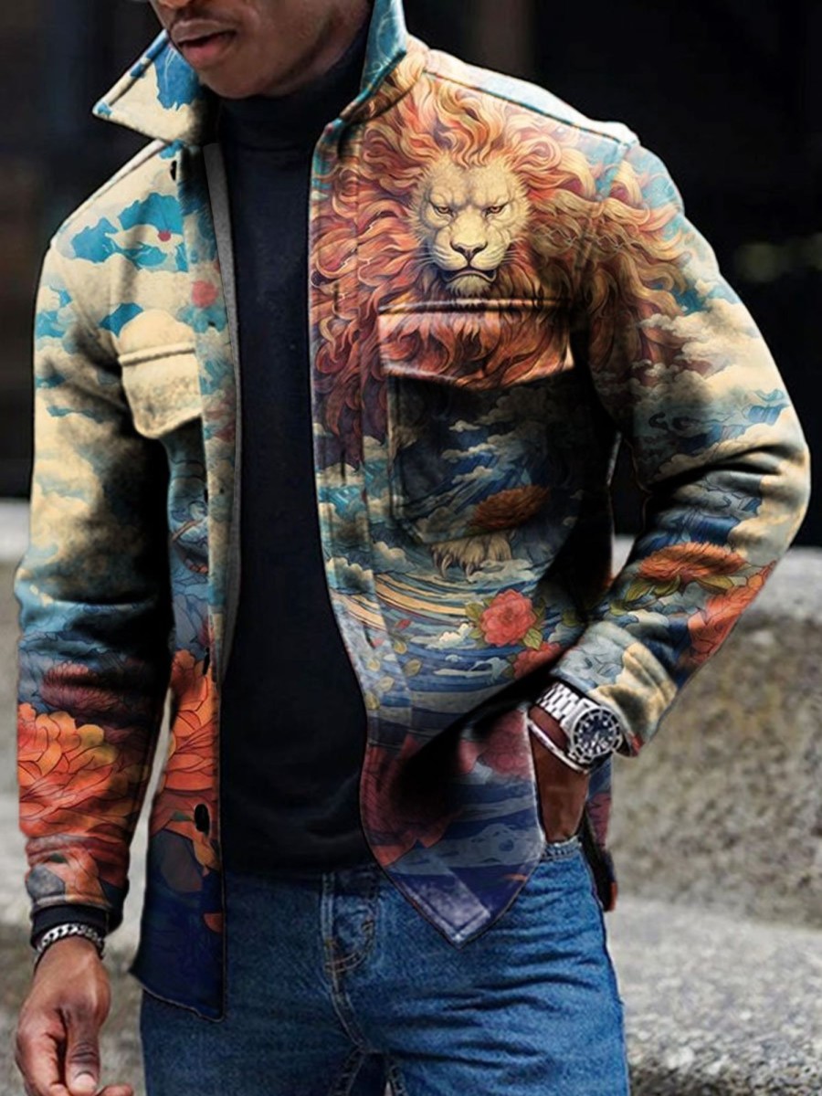 Men BXL Print Jacket | Men'S Casual Rescue Animal Art Painted Button Lapel Pocket Jacket Photo Color