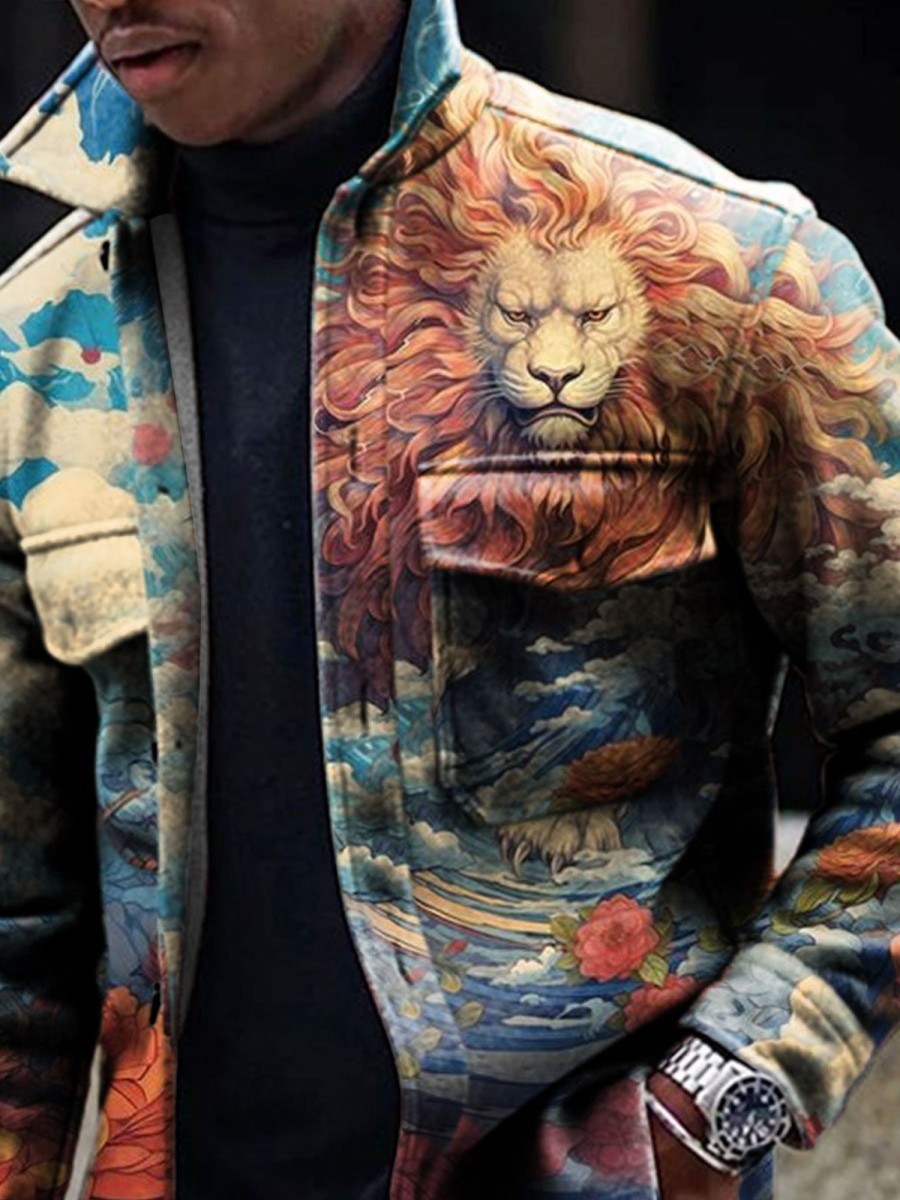 Men BXL Print Jacket | Men'S Casual Rescue Animal Art Painted Button Lapel Pocket Jacket Photo Color