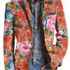 Men DJ Print Jacket | Peony And Mandarin Duck Print 3 Pocket Lapel Casual Blazer Red