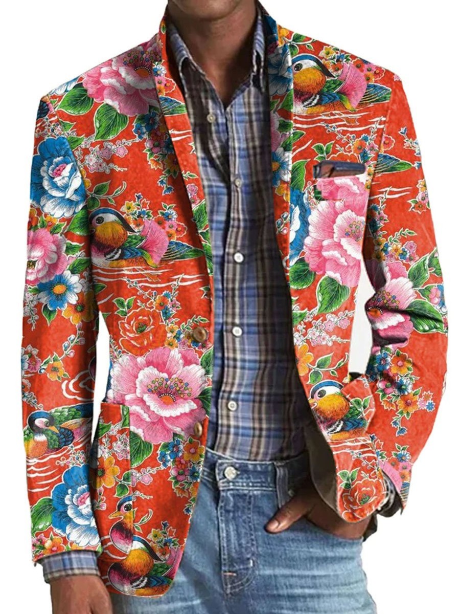 Men DJ Print Jacket | Peony And Mandarin Duck Print 3 Pocket Lapel Casual Blazer Red