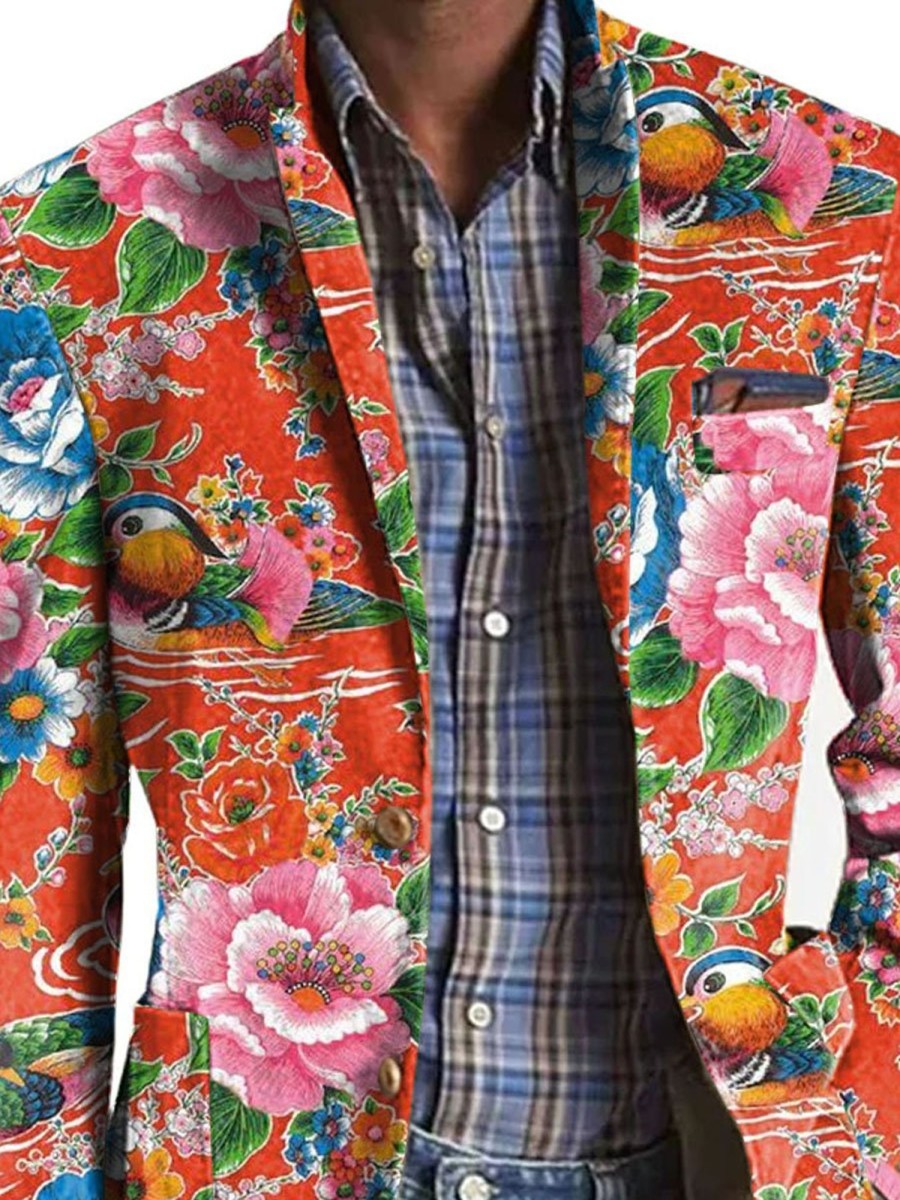 Men DJ Print Jacket | Peony And Mandarin Duck Print 3 Pocket Lapel Casual Blazer Red