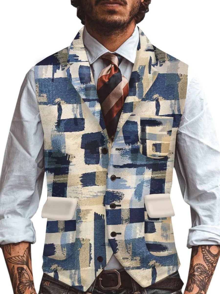 Men TH Vest | Men'S Retro Splash Print Casual Vest Blue