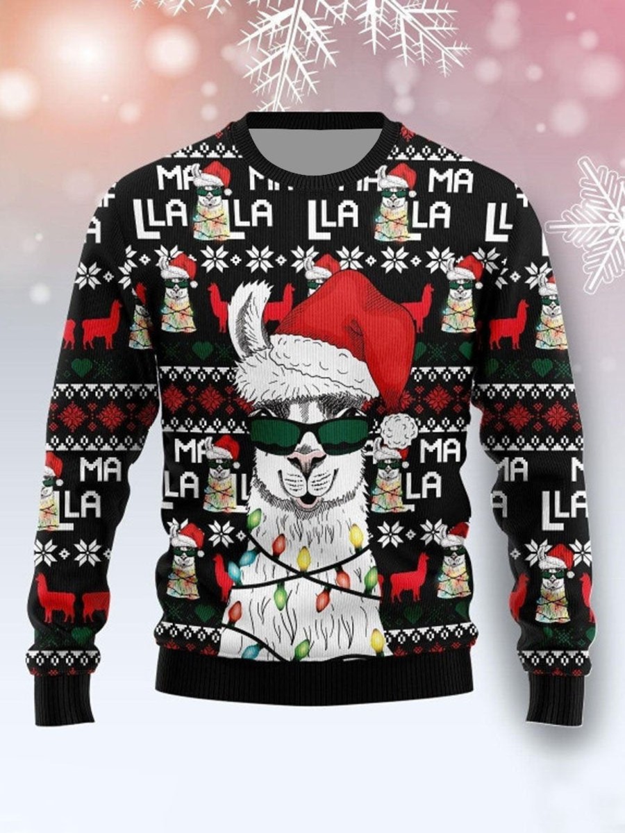 Men DJ Ugly Sweater | Merry Christmas Alpaca Print Crewneck Sweatshirt Photo Color