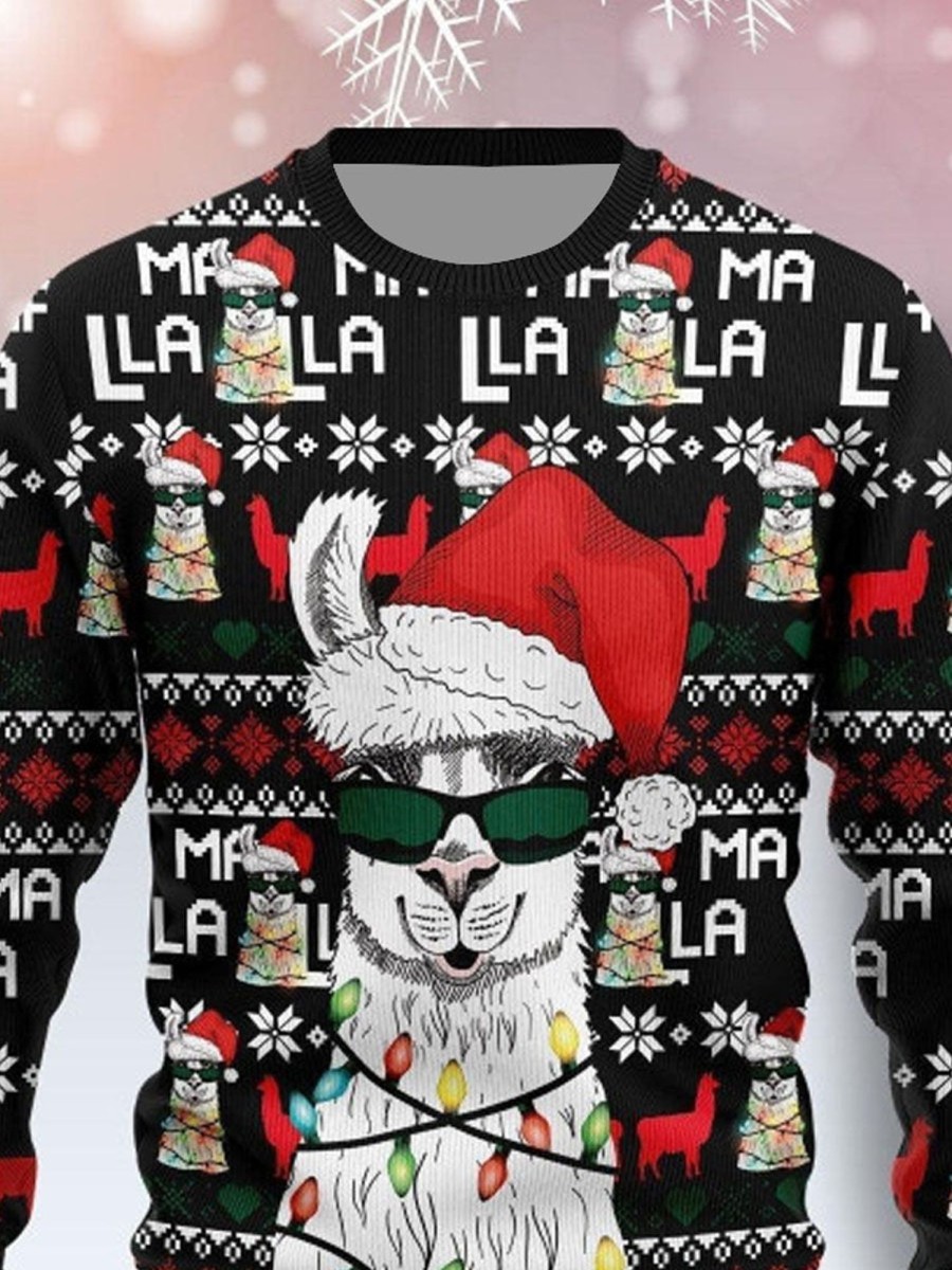 Men DJ Ugly Sweater | Merry Christmas Alpaca Print Crewneck Sweatshirt Photo Color