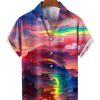 Men HLJ Shirts | Fantasy Rainbow Print Chest Pocket Short Sleeve Shirt Pink