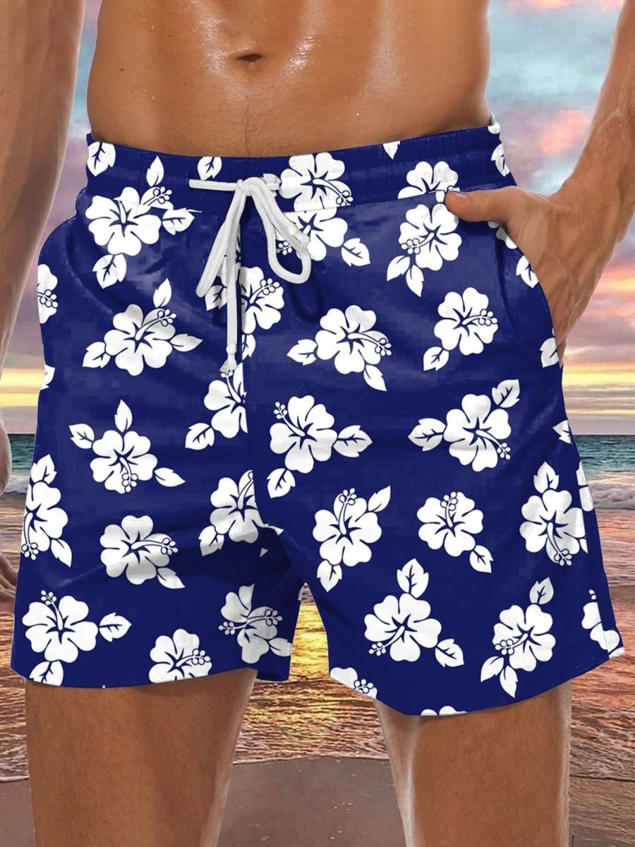 Men DJ Shorts | Men'S Hibiscus Print Double Pocket Lace Up Shorts Navy