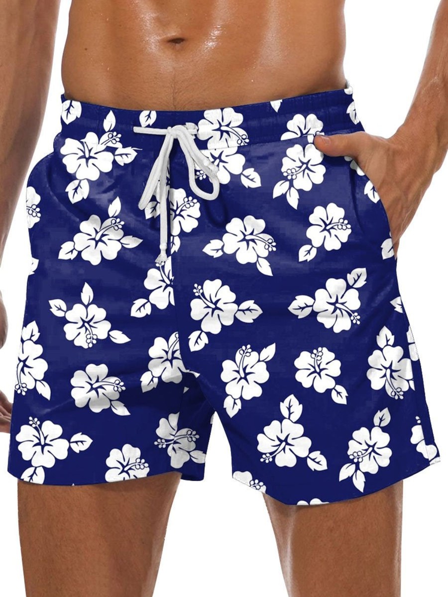 Men DJ Shorts | Men'S Hibiscus Print Double Pocket Lace Up Shorts Navy