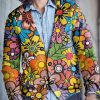 Men DJ Print Cardigan | Colorful Botanical Floral Print V-Neck Knitted Cardigan Photo Color