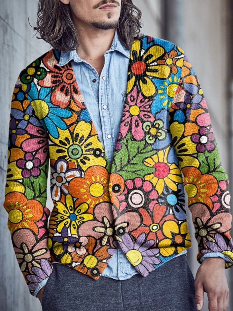 Men DJ Print Cardigan | Colorful Botanical Floral Print V-Neck Knitted Cardigan Photo Color