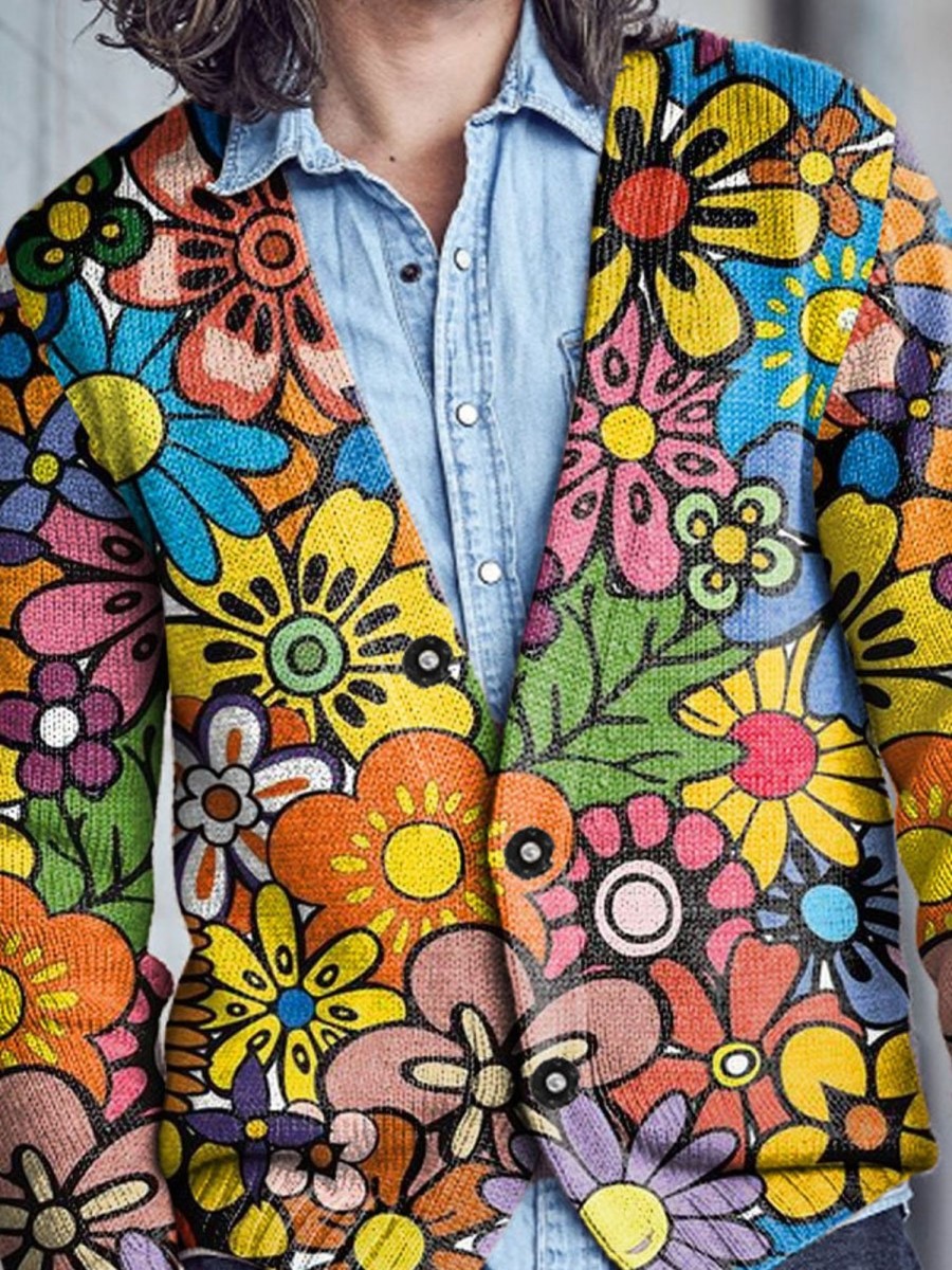 Men DJ Print Cardigan | Colorful Botanical Floral Print V-Neck Knitted Cardigan Photo Color