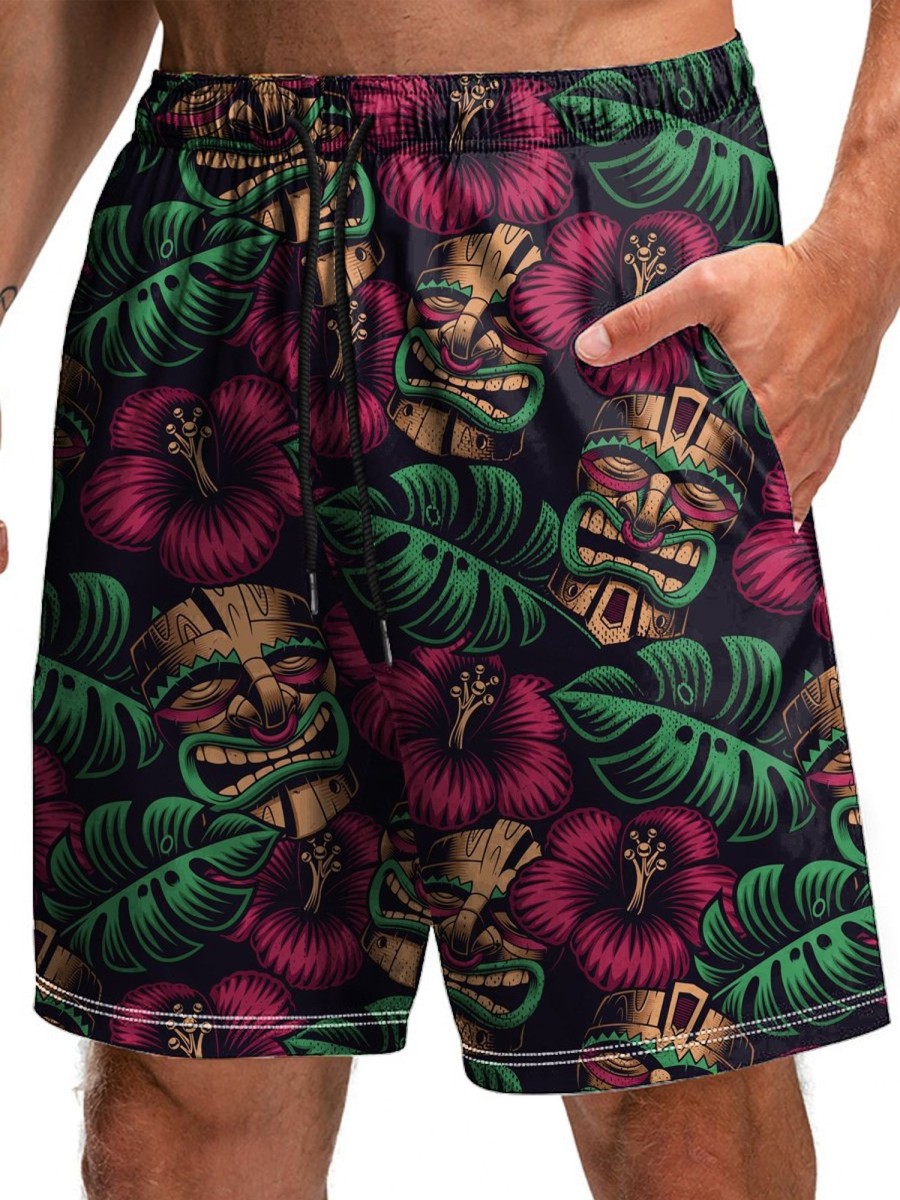 Men HLJ Bottoms | Colorful Patterned Beach Shorts With Hawaiian Tiki Mask Black