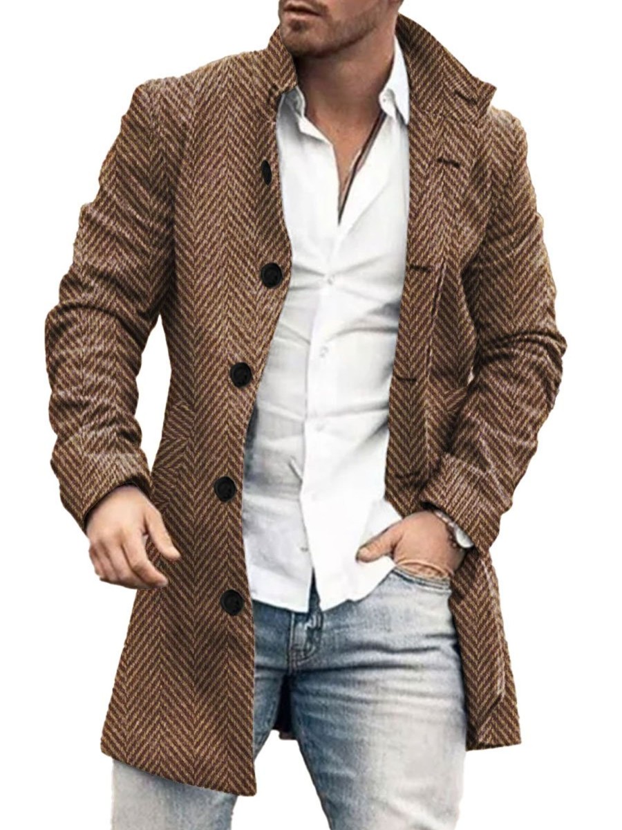 Men BXL Print Jacket | Men'S Vintage Herringbone Wool Single-Breasted Casual Coat Brown