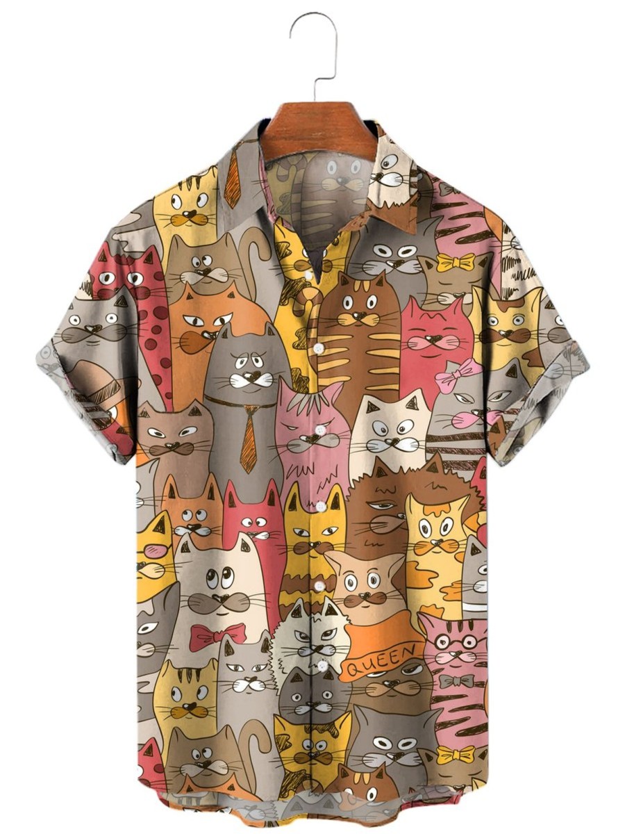 Men HLJ Shirts | Colorful Funny Cat Short Sleeve Shirt Polychromatic