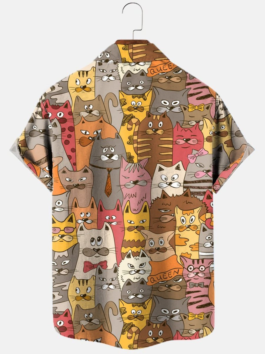 Men HLJ Shirts | Colorful Funny Cat Short Sleeve Shirt Polychromatic