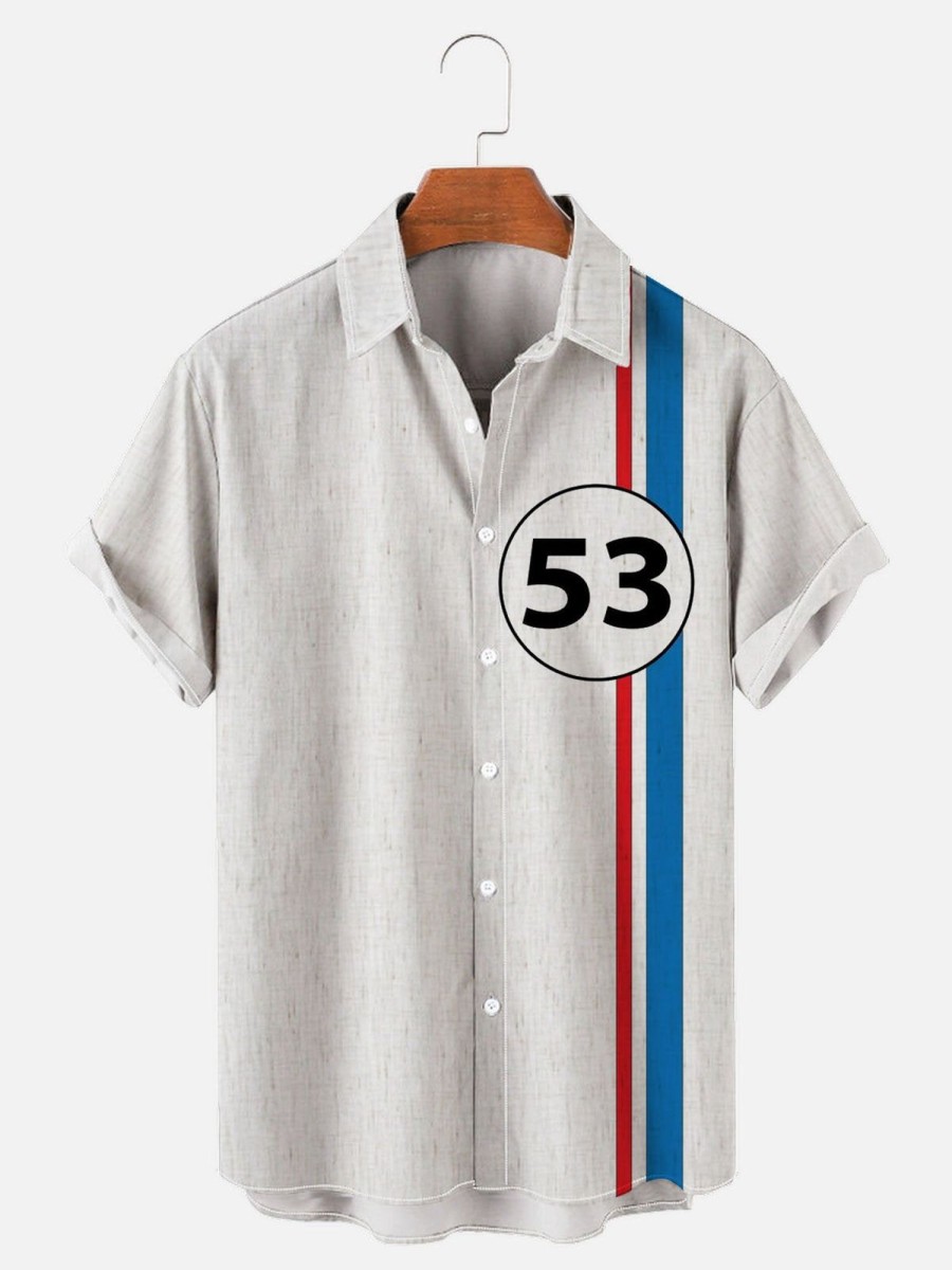 Men HLJ Shirts | Men'S Vintage Racing Stripe Print Short Sleeve Shirt Photo Color