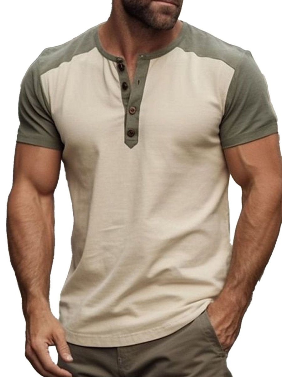 Men DJ Casual Shirts | Half Open Collar Contrasting Color Splicing Casual Versatile Short-Sleeved T-Shirt Beige