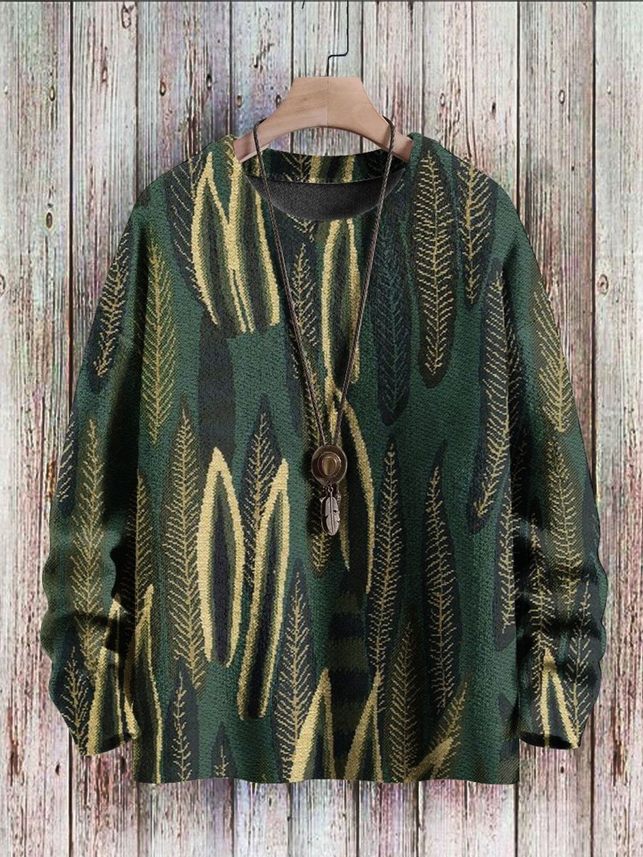 Men BXL Print Sweater | Men'S Casual Round Neck Botanical Print Pullover Sweater 96605195Xl Dark Green