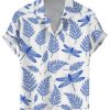 Men DJ Shirts | Dragonfly Leaf Print Hawaiian Short Sleeve Shirt Blue