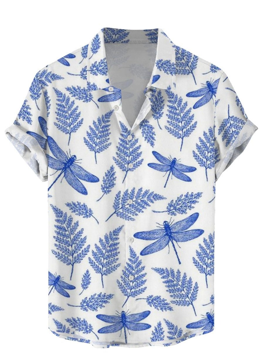 Men DJ Shirts | Dragonfly Leaf Print Hawaiian Short Sleeve Shirt Blue