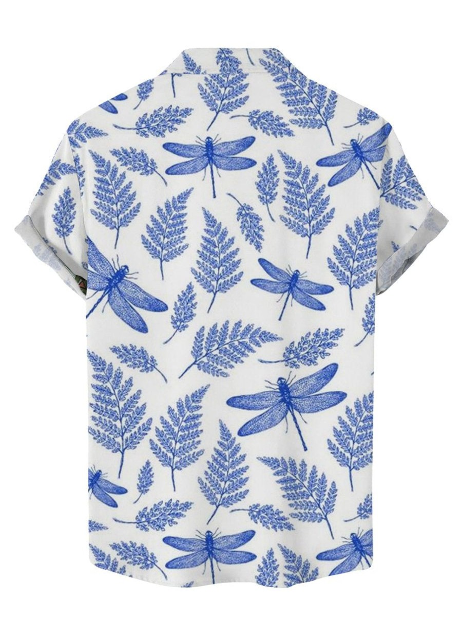 Men DJ Shirts | Dragonfly Leaf Print Hawaiian Short Sleeve Shirt Blue