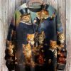 Men DJ Print Sweater | Retro Cartoon Cat Band Print Casual Round Neck Knitted Pullover Sweater Photo Color