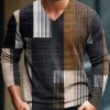 Men BXL Print Sweater | Men'S V-Neck Casual Color Block Striped Knitted Pullover Sweater Brown