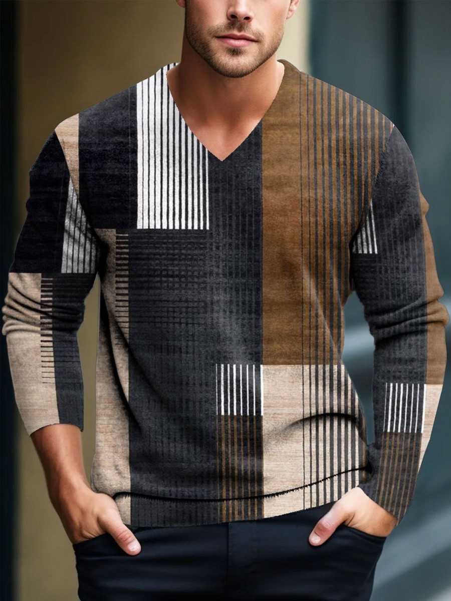 Men BXL Print Sweater | Men'S V-Neck Casual Color Block Striped Knitted Pullover Sweater Brown