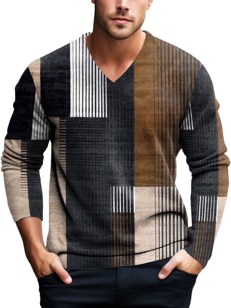 Men BXL Print Sweater | Men'S V-Neck Casual Color Block Striped Knitted Pullover Sweater Brown