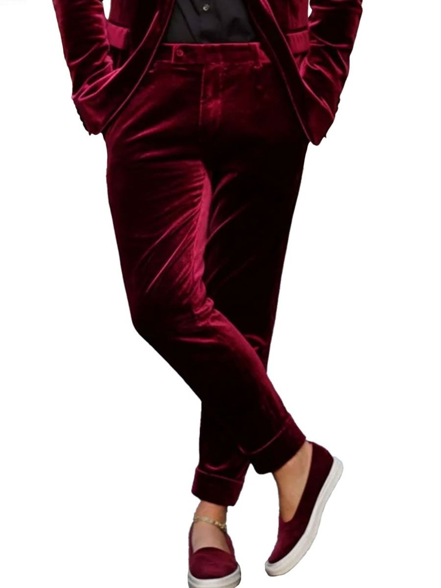 Men BXL Bottoms | Men'S Retro Solid Color Velvet Casual Elastic Waist Suit Pants Wine Red