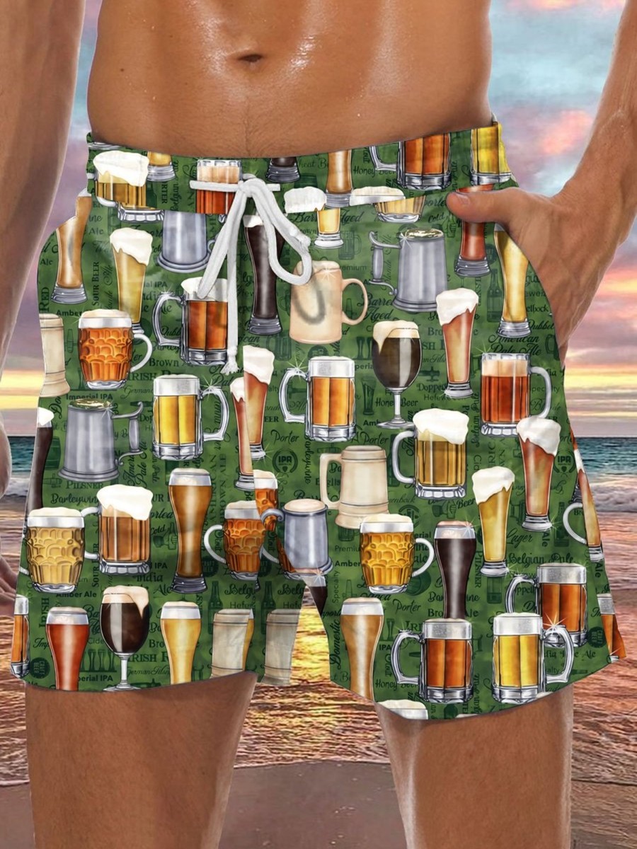 Men DJ Bottoms | Retro Hawaiian Beer Party Print Pocket Lace Shorts Dark Green