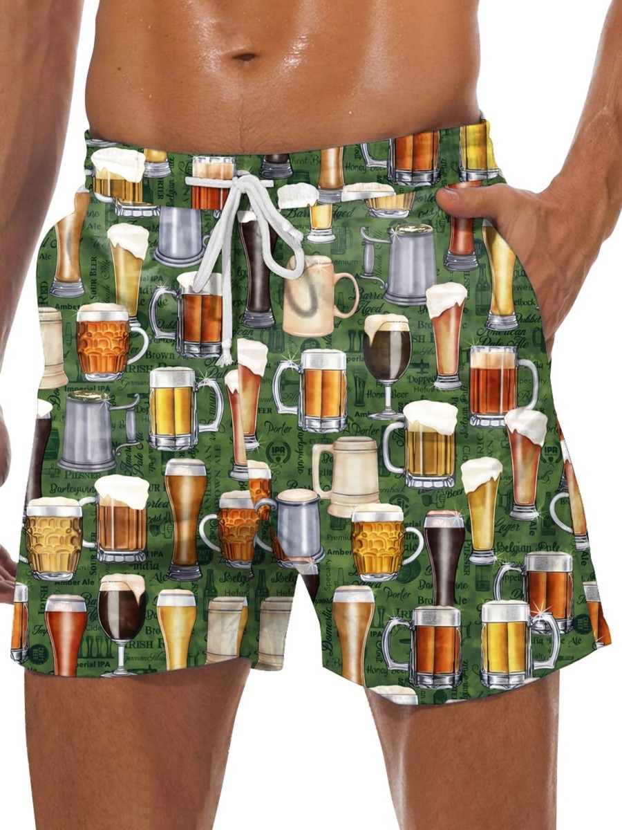 Men DJ Bottoms | Retro Hawaiian Beer Party Print Pocket Lace Shorts Dark Green