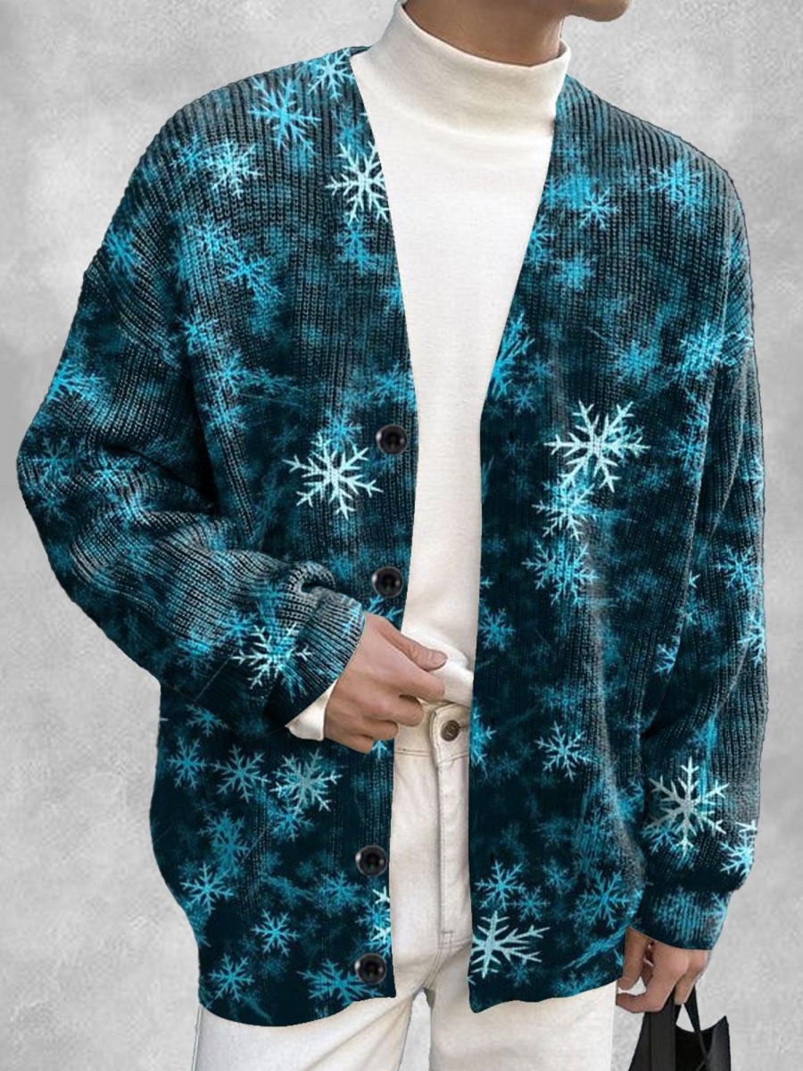 Men DJ Print Cardigan | Winter Snowflake Print Casual And Versatile Knitted Cardigan Blue