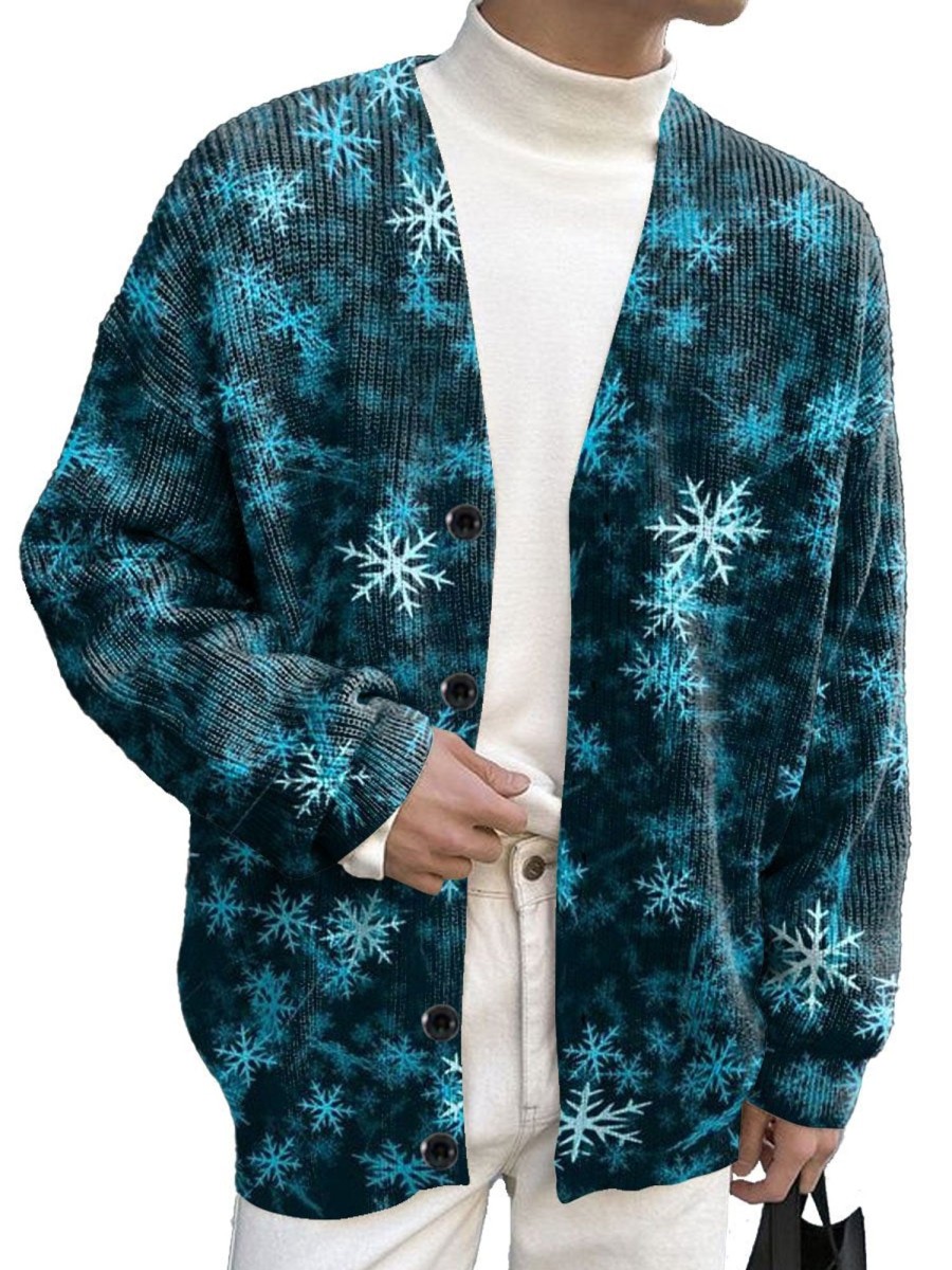 Men DJ Print Cardigan | Winter Snowflake Print Casual And Versatile Knitted Cardigan Blue