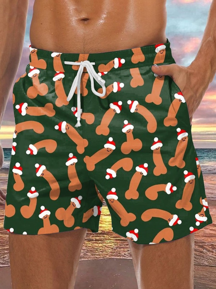 Men DJ Shorts | Cocks Print Casual Pocket Shorts With Santa Hat Photo Color