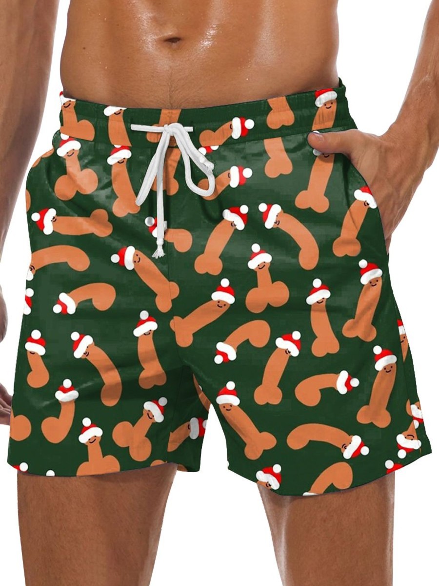 Men DJ Shorts | Cocks Print Casual Pocket Shorts With Santa Hat Photo Color