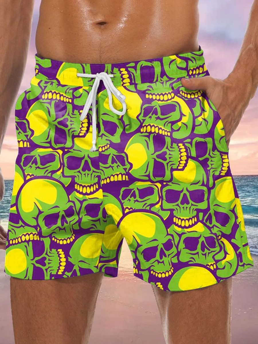 Men GYJ Bottoms | Skull Print Hawaiian Track Shorts Green