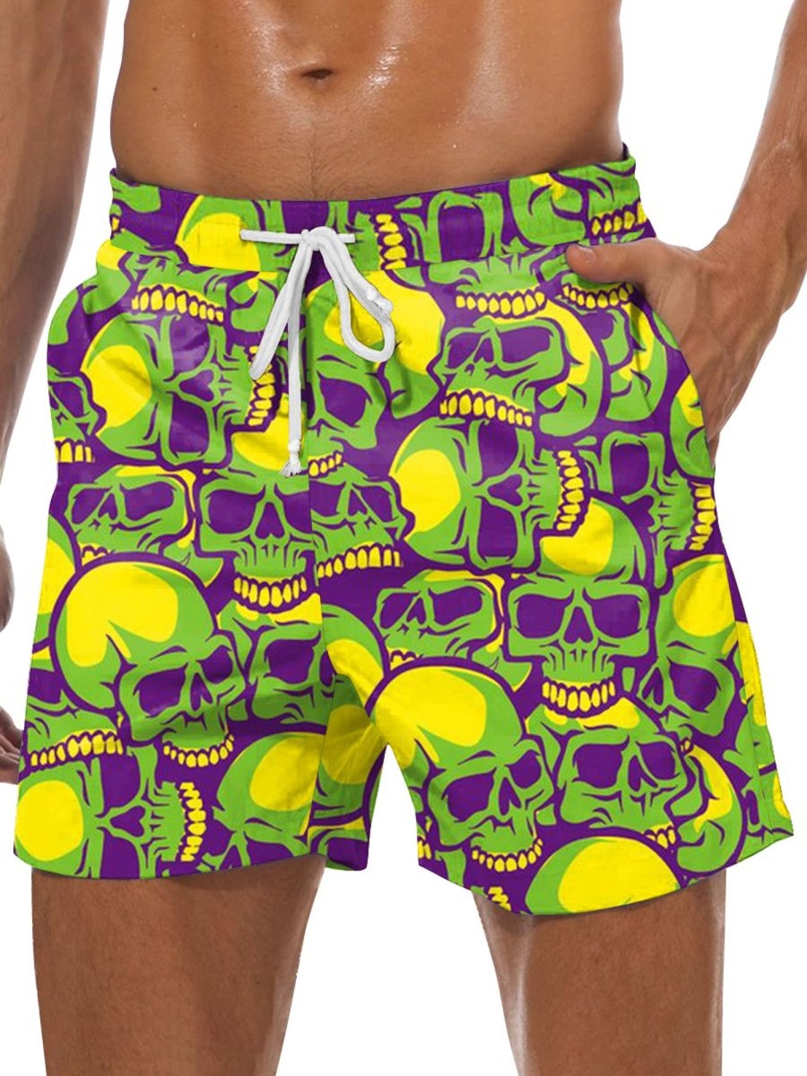 Men GYJ Bottoms | Skull Print Hawaiian Track Shorts Green