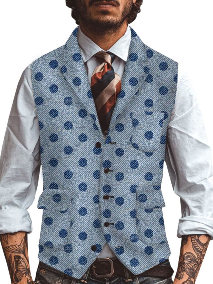 Men DJ Vest | Retro Polka Dot Print Lapel Three-Pocket Casual Vest Blue