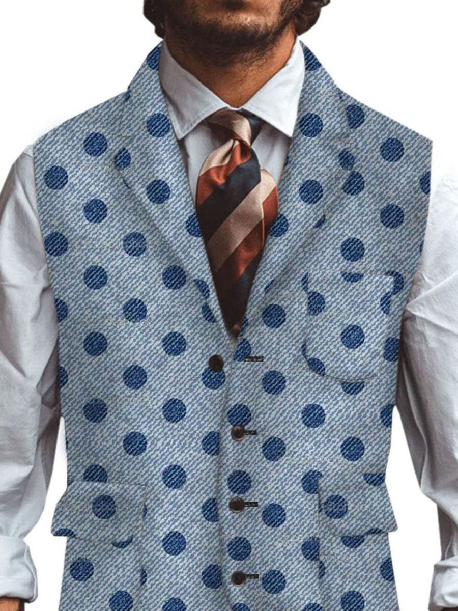 Men DJ Vest | Retro Polka Dot Print Lapel Three-Pocket Casual Vest Blue