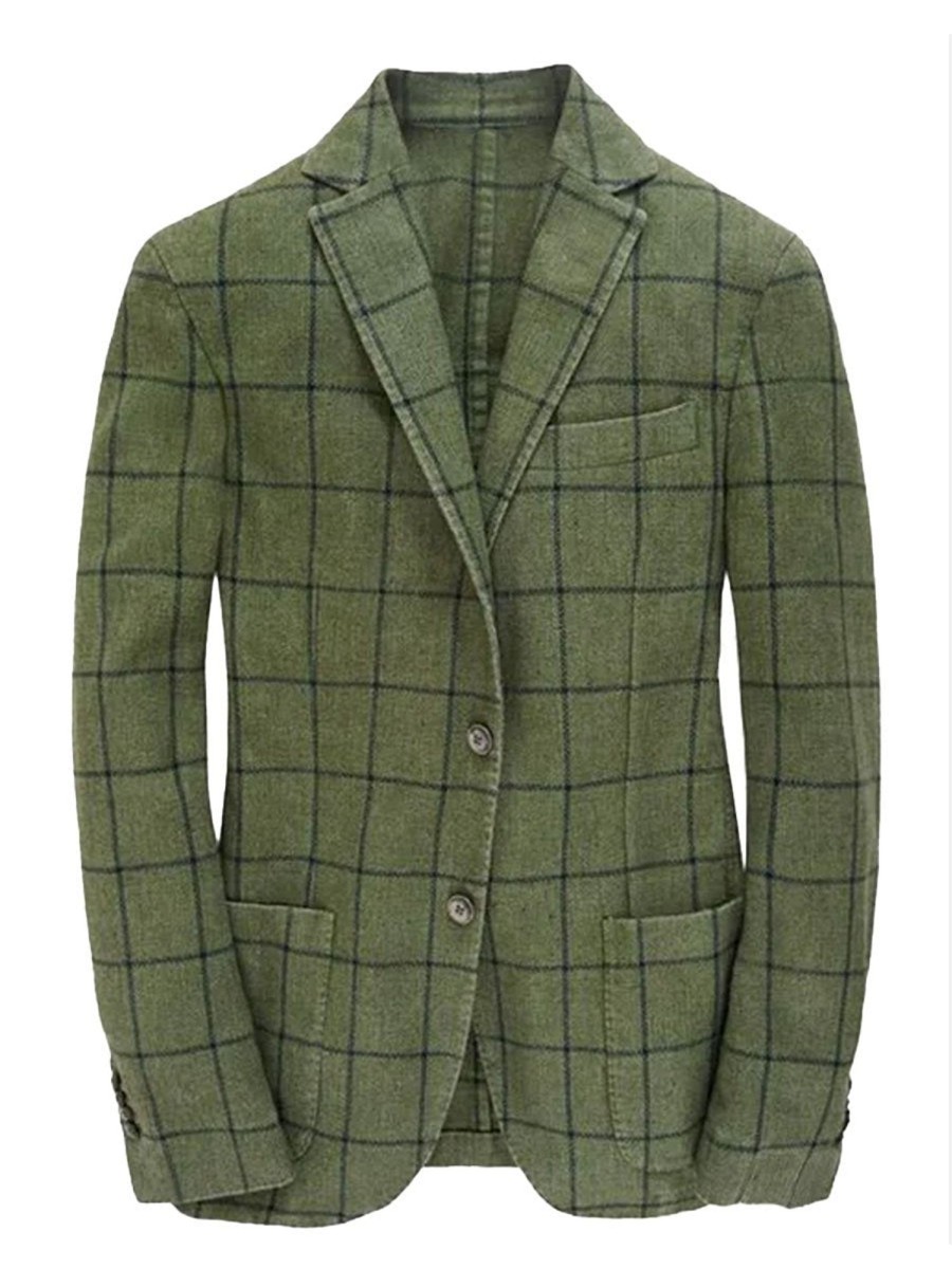 Men BXL Jacket | Plaid Notch Lapel Two Button Pockets Blazer Army Green