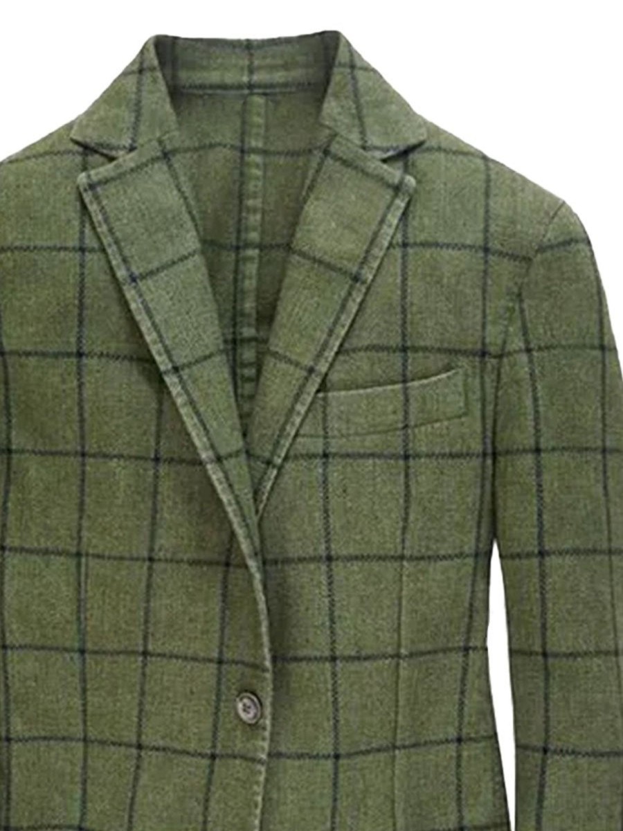 Men BXL Jacket | Plaid Notch Lapel Two Button Pockets Blazer Army Green