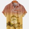 Men DJ Shirts | Retro Frog Print Casual Pocket Short Sleeve Shirt Orange