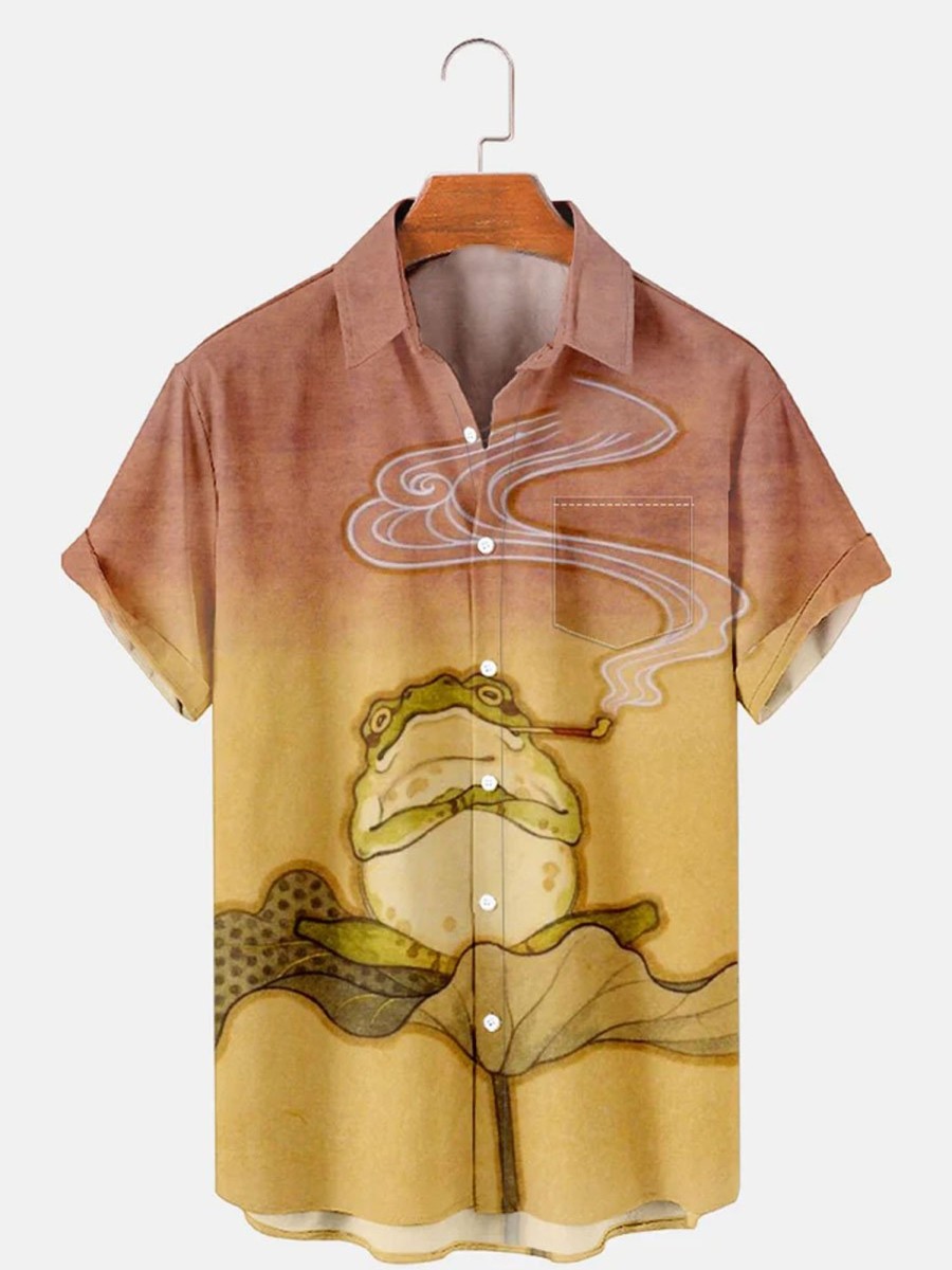 Men DJ Shirts | Retro Frog Print Casual Pocket Short Sleeve Shirt Orange