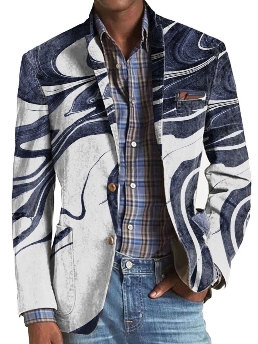 Men BXL Print Jacket | Men'S Marble Print Pocket Casual Blazer Blue