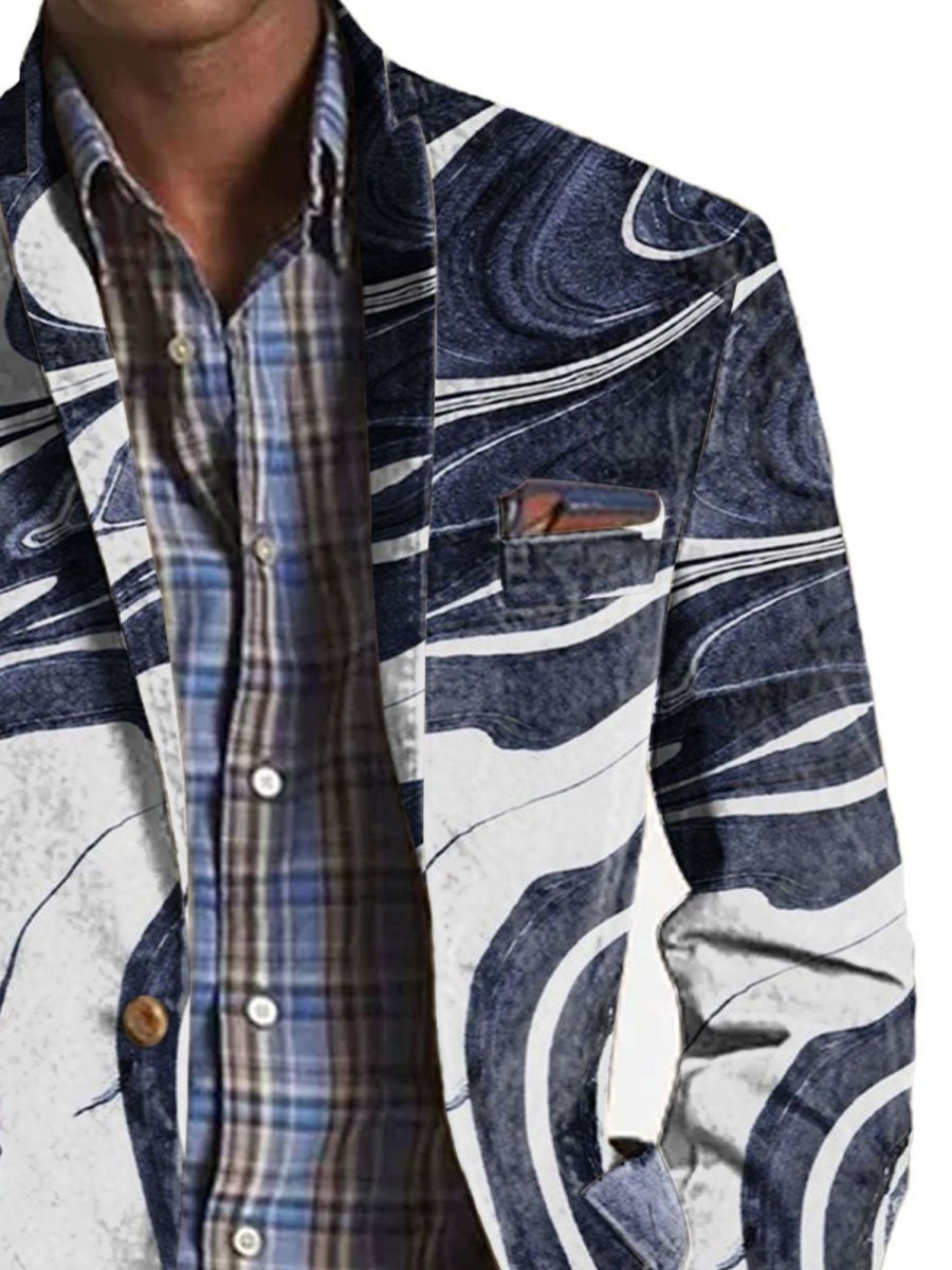 Men BXL Print Jacket | Men'S Marble Print Pocket Casual Blazer Blue