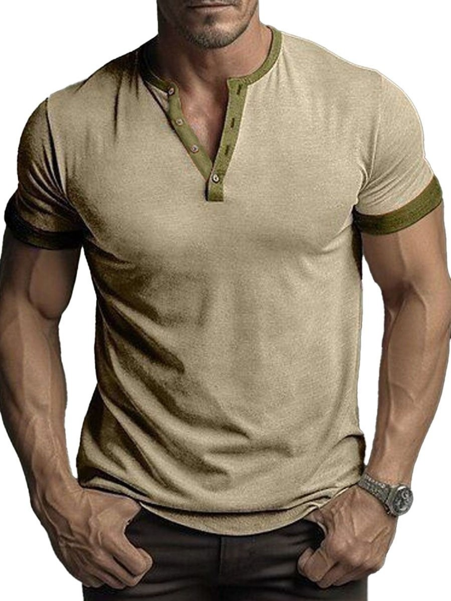 Men DJ Casual Short Sleeve Shirts | Contrast Color Half Open Collar Casual And Versatile Short-Sleeved T-Shirt Photo Color