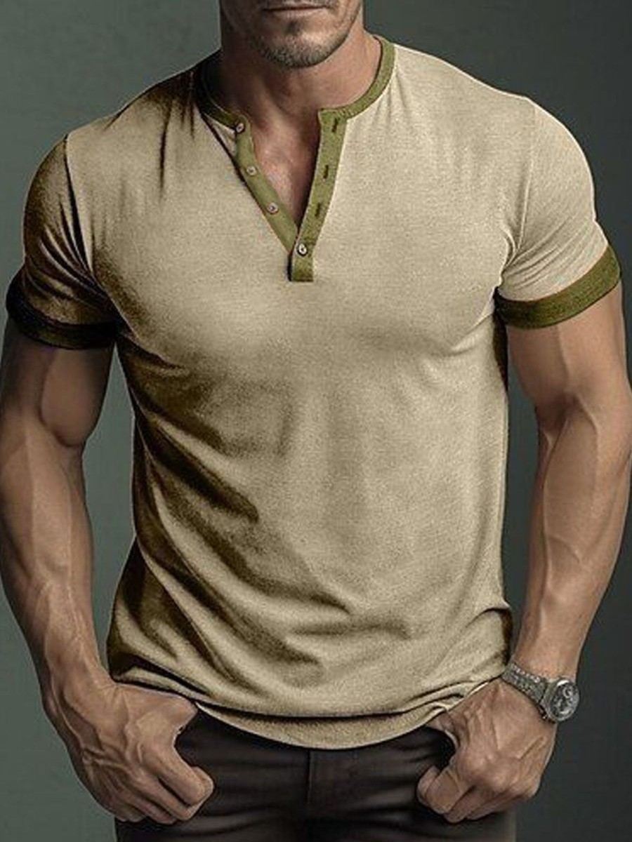 Men DJ Casual Short Sleeve Shirts | Contrast Color Half Open Collar Casual And Versatile Short-Sleeved T-Shirt Photo Color