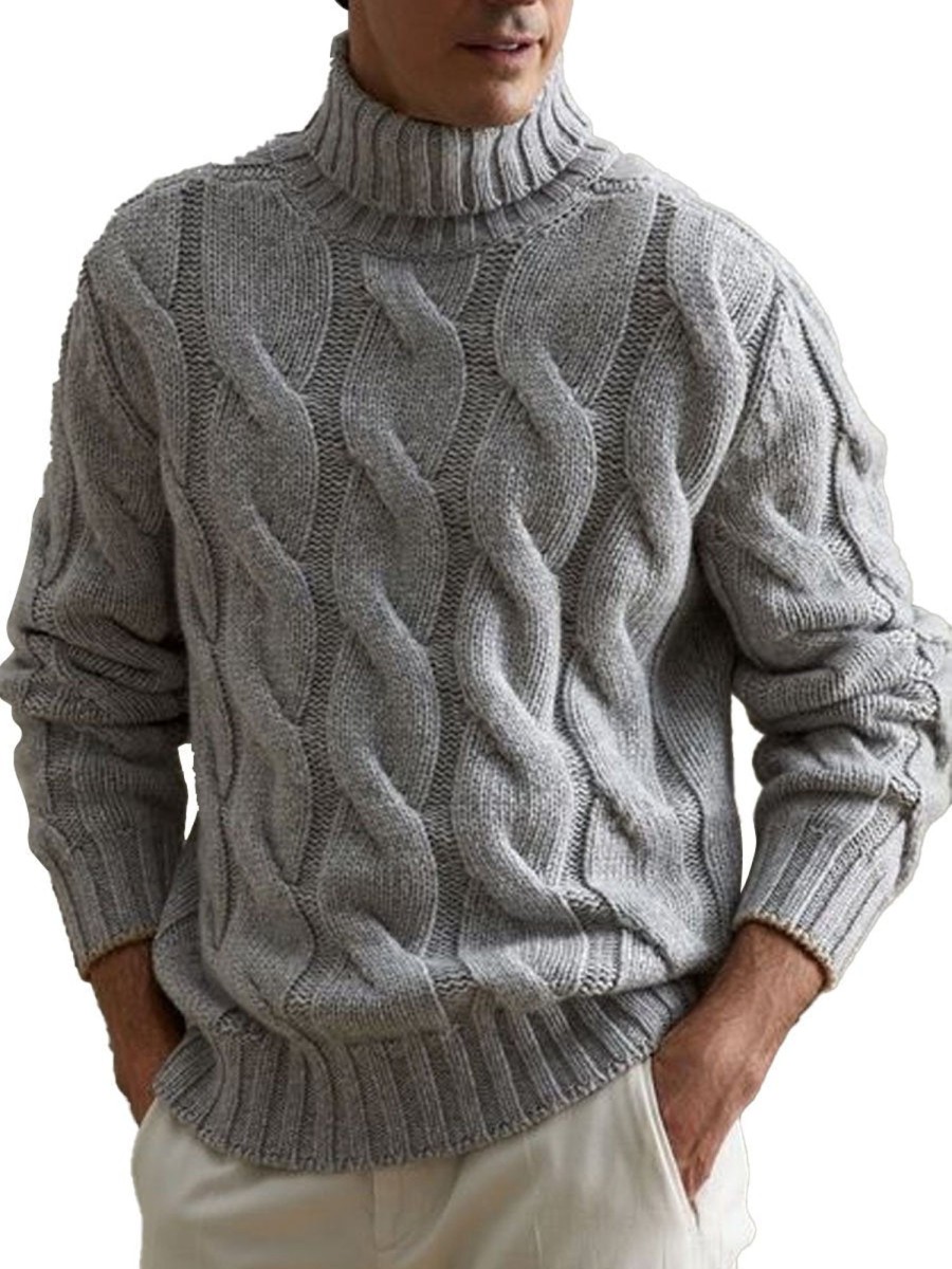 Men DJ Sweater | Versatile Turtleneck Cable Knitted Pullover Sweater Gray